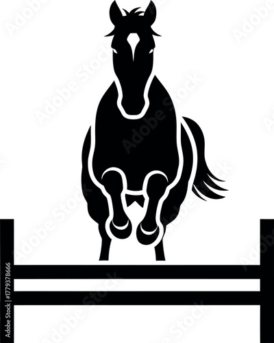 Silhouette of a powerful horse jumping over an obstacle in a black and white graphic illustration