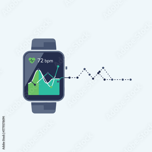 Smartwatch displaying heart rate and health data with a connected graph representing vital signs.