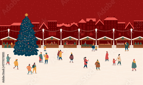 People Skating on Ice Rink with Christmas Tree and Festive Market