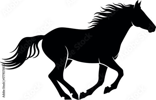 Dynamic silhouette of a powerful horse galloping freely against a white background