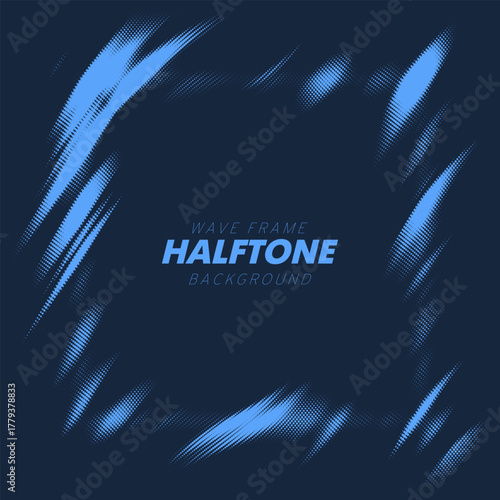 Abstract vector torn halftone fluid wavy square frame. Scratched dotted pop art dynamic frame.