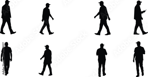 Walking people silhouettes, standing human figures, casual attire, vector design, lifestyle concept, posture variety, urban crowd, fashion outline, black illustration, diversity
