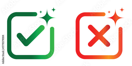 AI tick and cross icons representing right and wrong decisions, generative AI symbols for approval, rejection, accuracy, validation, UI design, machine learning, and digital interface concepts