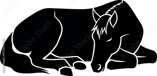 Stylized black silhouette of a horse lying down resting peacefully in a simple graphic style
