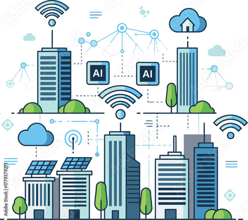 A detailed illustration of a smart city with interconnected buildings, AI, cloud computing, and wireless network technology.