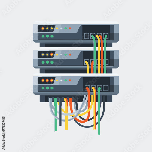 A stack of three network switches or servers with numerous colorful ethernet cables plugged into the ports, depicted in a flat vector illustration style.