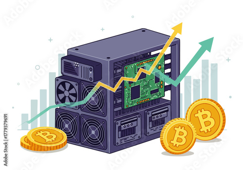 Bitcoin mining rig with rising price chart and gold coins.