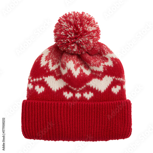 Warm Winter Hat With Heart Patterns in Shades of Red and Pink for Cozy Seasons.