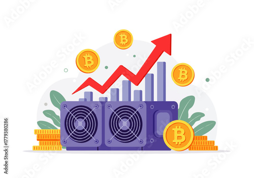 Cryptocurrency mining rig with rising graph and bitcoin coins.