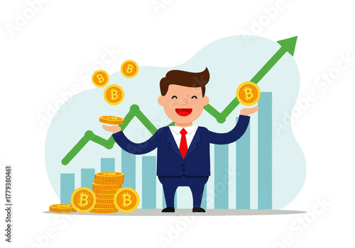 Illustration of a man with bitcoin coins and a rising graph in the background.