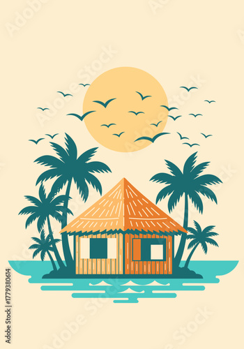 Tropical island hut with palm trees, sun, and flying birds in a vintage flat design.