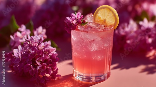 Close up view of a vibrant homemade pink lemonade with ice and a delicate floral garnish capturing the essence of summer refreshment with documentary style lighting