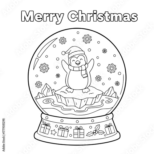 Penguin waving from iceberg inside Christmas snow globe with “Merry Christmas,” coloring book page for toddlers Generative AI