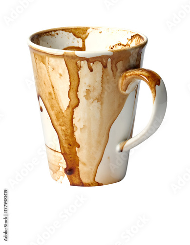 white ceramic coffee mug with dried brown drips and stains, used dirty cup with residue on handle and rim, studio lighting, on isolated background