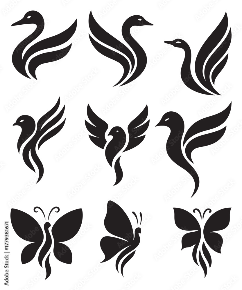 Fototapeta premium Elegant Bird and Butterfly Silhouette Logo Collection in Black Vector.