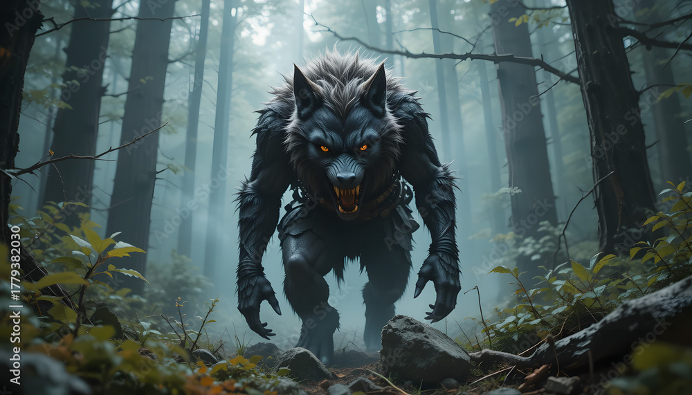 Obraz premium werewolf in the dark forest/ a fierce-looking beast 4k pc wallpaper