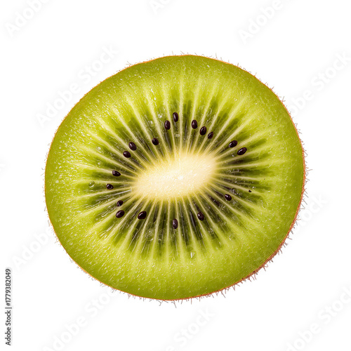 Fresh Kiwi Slice Showing Vibrant Green Flesh and Tiny Black Seeds on a White ...