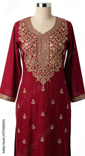 Maroon salwar kameez with golden embroidery on a mannequin isolated on transparent background