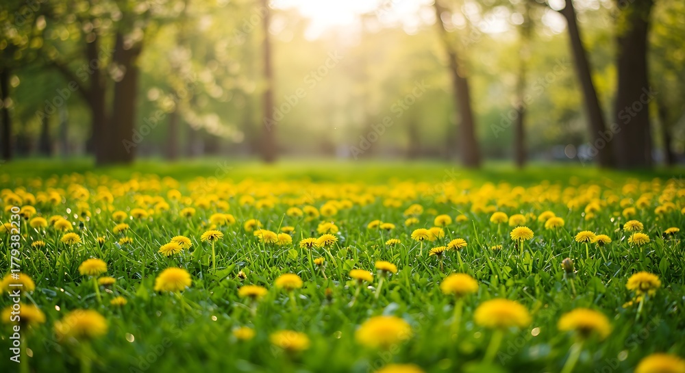 Fototapeta premium Vibrant field of dandelions bathed in golden sunlight, natures beauty.