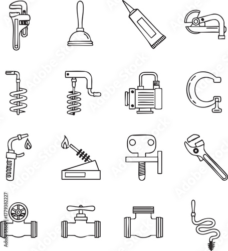 Collection of plumbing tools and fixtures hand drawn icons