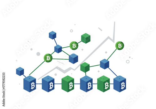 Isometric illustration of a blockchain network with blue and green cubes connected by lines.