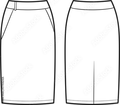 Pencil skirt technical fashion sketch, fitted waistband, side zipper, angled pockets, back slit, front and back views, garment construction vector illustration
