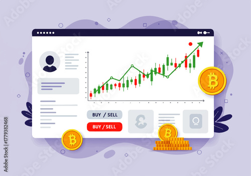 Cryptocurrency market analysis with rising graph and bitcoin coins on a computer screen.