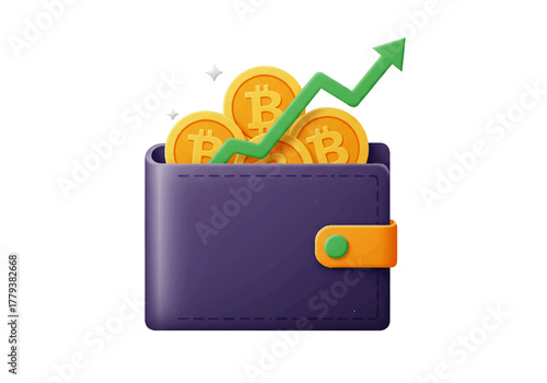Wallet with Bitcoin coins and a green arrow pointing upwards, indicating growth.