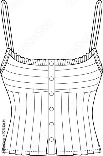 Sleeveless camisole top technical fashion sketch, spaghetti straps, button-down front, pleated bodice, structured seams, garment construction vector illustration