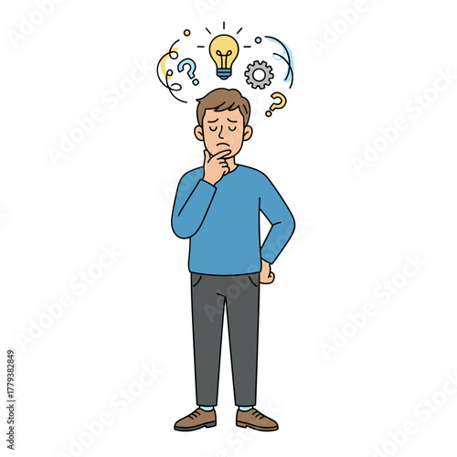 Man Thinking With Light Bulb Idea Above Head Question Marks Gears Floating Around Concept Of Confusion And Inspiration On White Background Flat Illustration