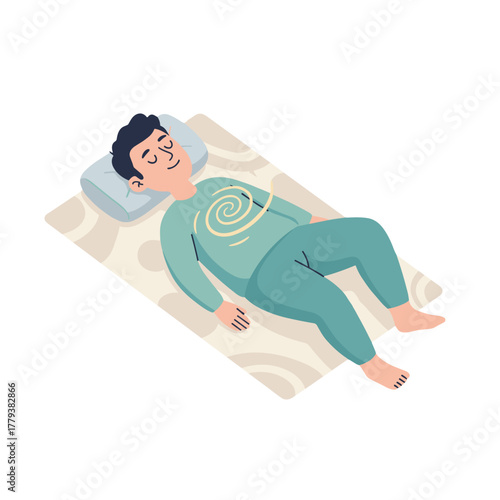 Man Sleeping Peacefully on a Mat with Eyes Closed Wearing Blue Pajamas and a Pillow Under His Head Featuring a Swirl Design on His Chest