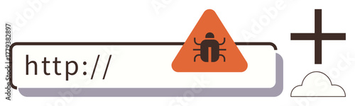 Malware warning icon over a URL bar with a triangular alert sign and a beetle graphic. Ideal for cybersecurity, antivirus, online safety, IT risks, hacking, alert systems, and digital protection. A