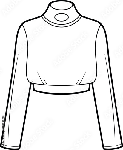 Cropped top technical fashion sketch, long sleeves, high neckline with circular cutout, gathered hem, front view, garment construction vector illustration