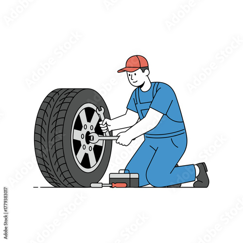 Mechanic wearing blue overalls and red cap kneeling and fixing car tire with wrench on black background vector illustration