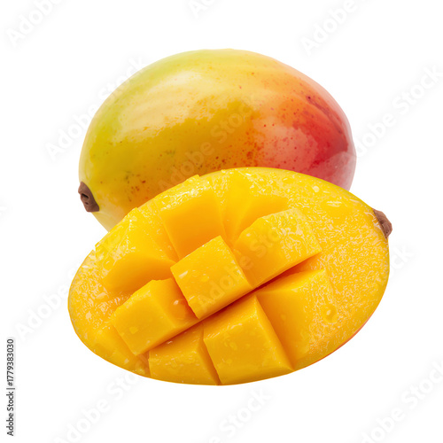 Fresh Mango Cut in Half Revealing Juicy Yellow Flesh and Perfect Cubes