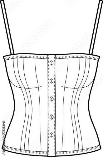 Corset-style top technical fashion sketch, button-down front, thin straps, structured seams, fitted waist, flared hem, garment construction vector illustration
