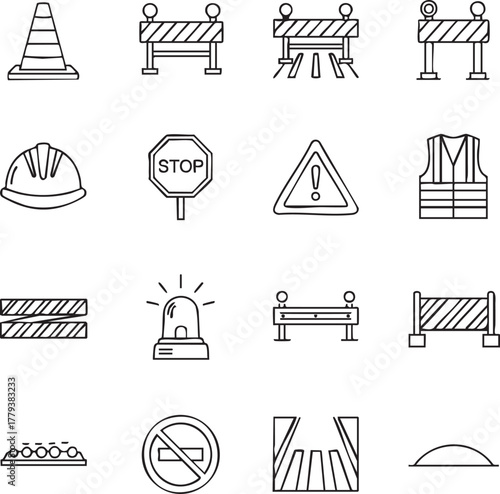 Construction safety and warning icons set