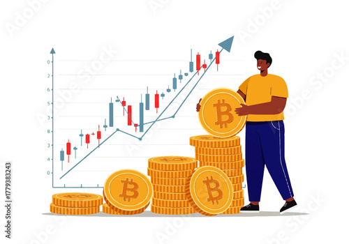 Man stacking bitcoin coins with an upward trending chart in the background.