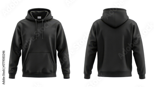 Front and back view of a black hooded sweatshirt isolated on transparent background