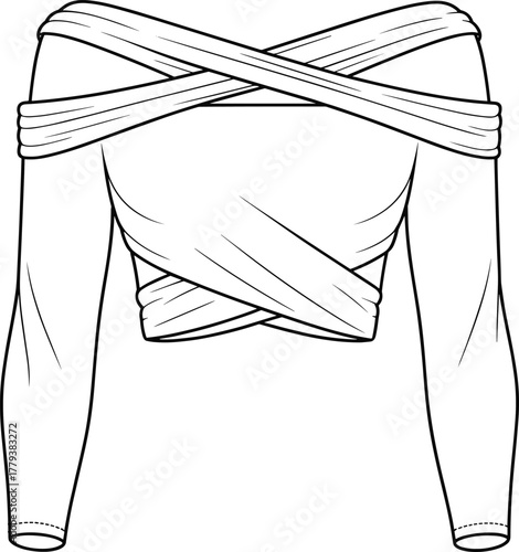 Off-the-shoulder top technical fashion sketch, crisscross wrap design, long fitted sleeves, layered silhouette, front view, garment construction vector illustration