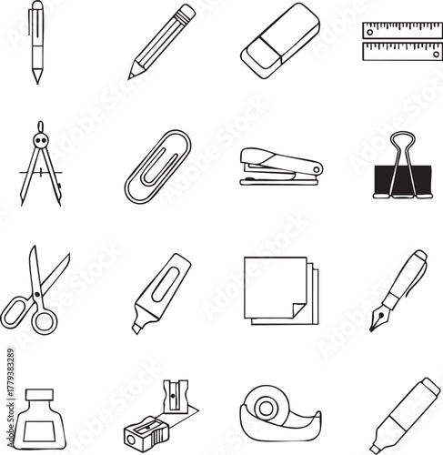 Hand drawn collection of essential school and office supplies