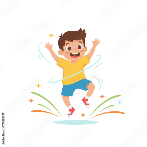 Joyful young boy jumping with arms raised in a celebratory pose surrounded by colorful abstract elements and sparkling stars on a black background illustration