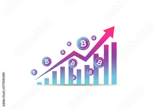 Bitcoin growth chart with coins and upward arrow on white background.