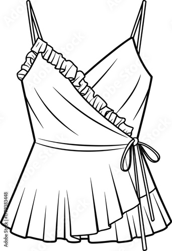 Sleeveless wrap top technical fashion sketch, V-neckline with ruffled trim, spaghetti straps, flared hem, tied waist, garment construction vector illustration
