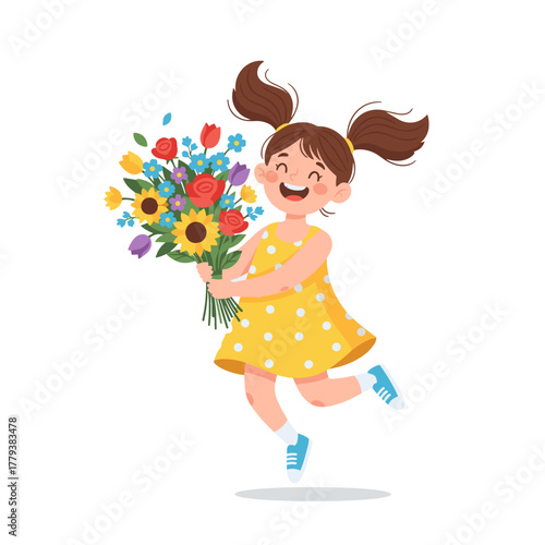Joyful young girl in a yellow polka dot dress holding a colorful bouquet of flowers while jumping with happiness on a white background