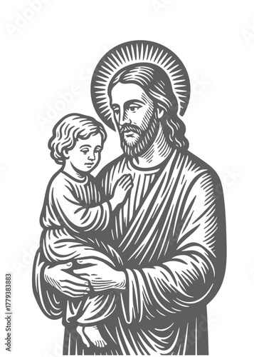 Saint holding baby. Graphic vintage woodcut linocut engraving style illustration.