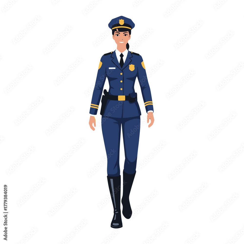 Fototapeta premium Male Police Officer In Blue Uniform And Cap Saluting With A Stern Expression On White Background In A Flat Vector Style