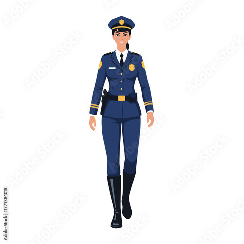 Male Police Officer In Blue Uniform And Cap Saluting With A Stern Expression On White Background In A Flat Vector Style
