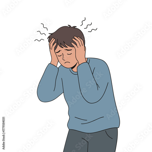 Man Holding Head With Closed Eyes In Pain And Distress Blue Sweater Gray Pants Flat Design With Wavy Lines Above Head On Black Background