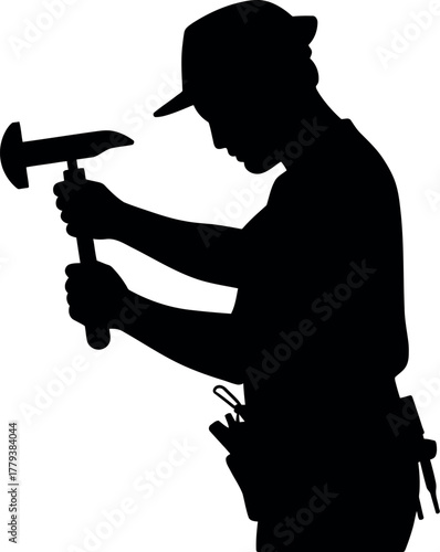 Black silhouette carpenter with hammer worker